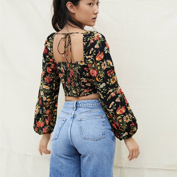 Urban Outfitters Tops - Urban Outfitters Square Neck Long Sleeve Off Shoulder Floral Open Back Black L